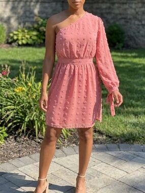 BTFBM Pink Swiss Dot One-Shoulder Long-Sleeve Mini Dress Boho Wedding Guest Sz S
